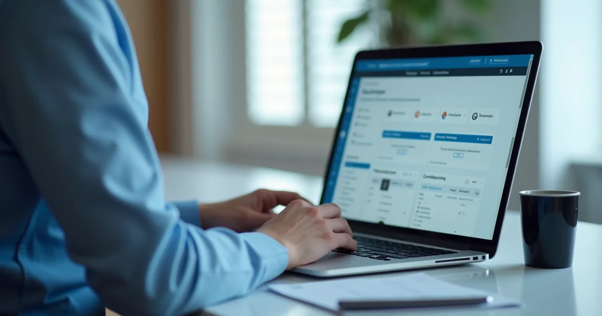 Homem configurando site no WordPress em notebook moderno