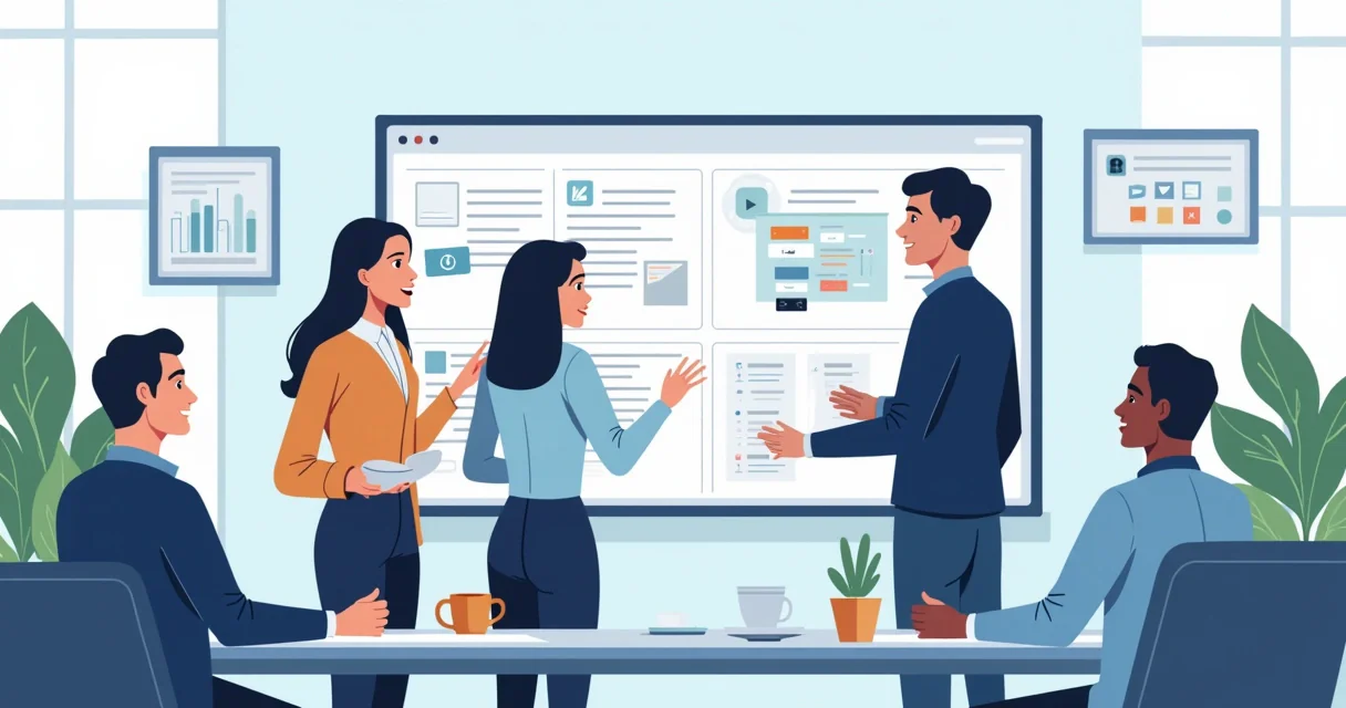 Equipe pequena gerenciando tarefas em quadro kanban em plataforma digital