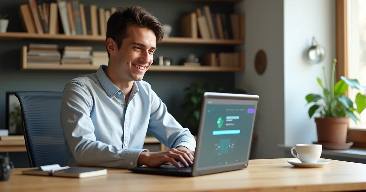Desenvolvedor feliz trabalhando facilmente em um notebook com painel W8 Hub aberto.