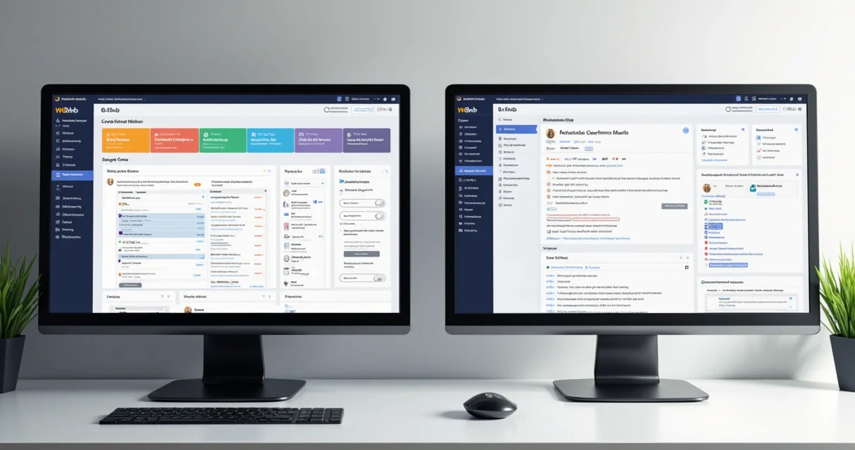 Dashboard de plataformas de hospedagem lado a lado, mostrando painel W8 Hub e um painel tradicional.