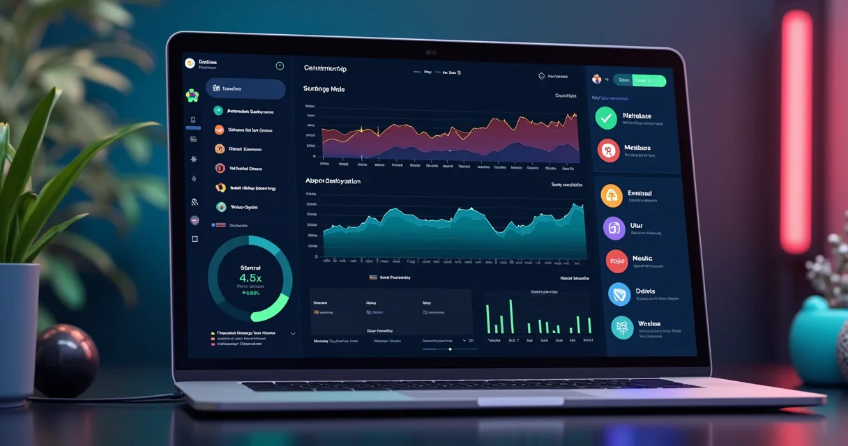 Dashboard mostrando métricas de deploy automatizado, com gráficos coloridos e indicadores de atualização em tempo real