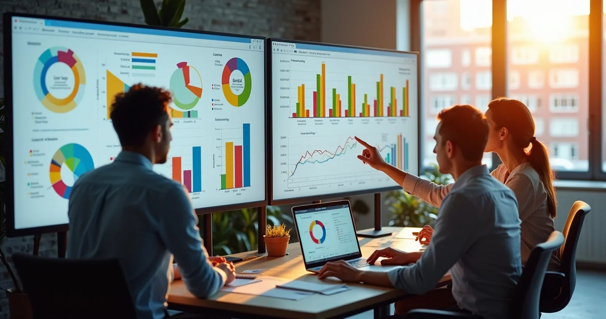 Equipe analisando dados de leads em monitores digitais
