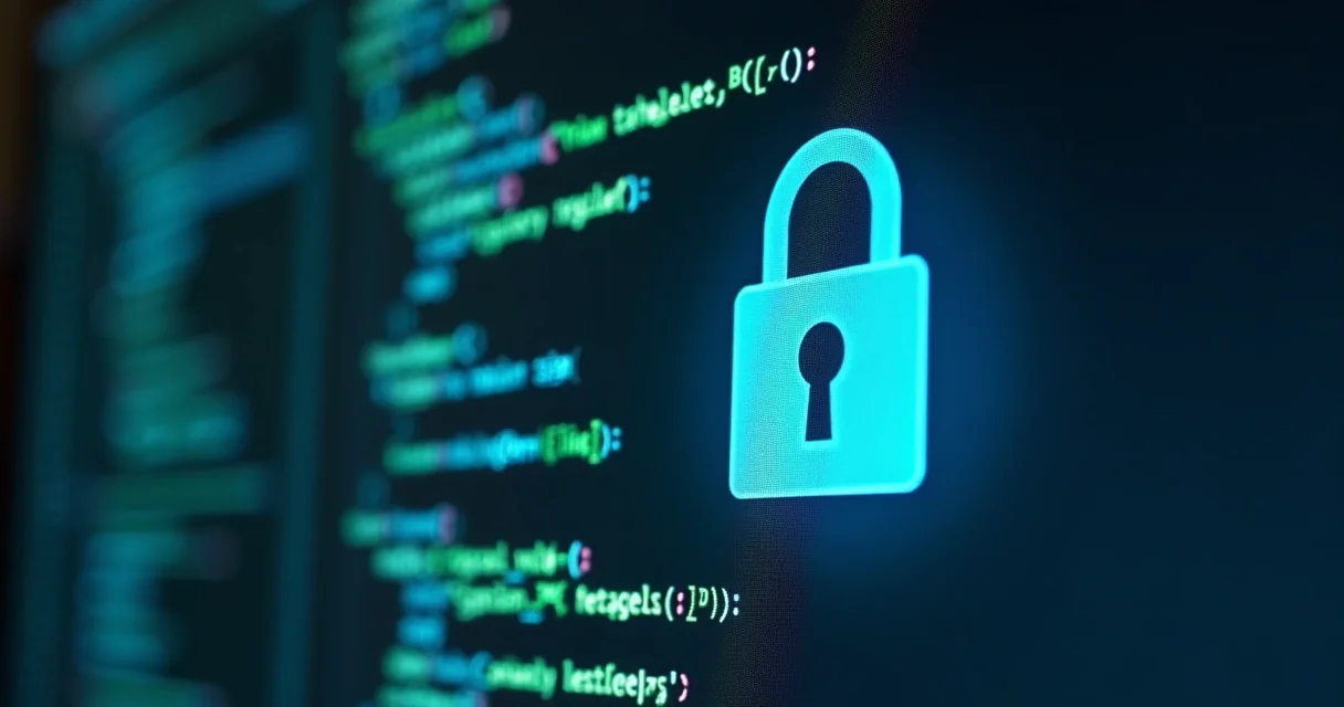 Ícones de cadeado e escudo sobre tela com código-fonte do GitHub