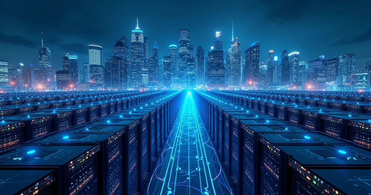 Ilustração que mostra uma enorme infraestrutura de servidores sustentando uma cidade digital conectada