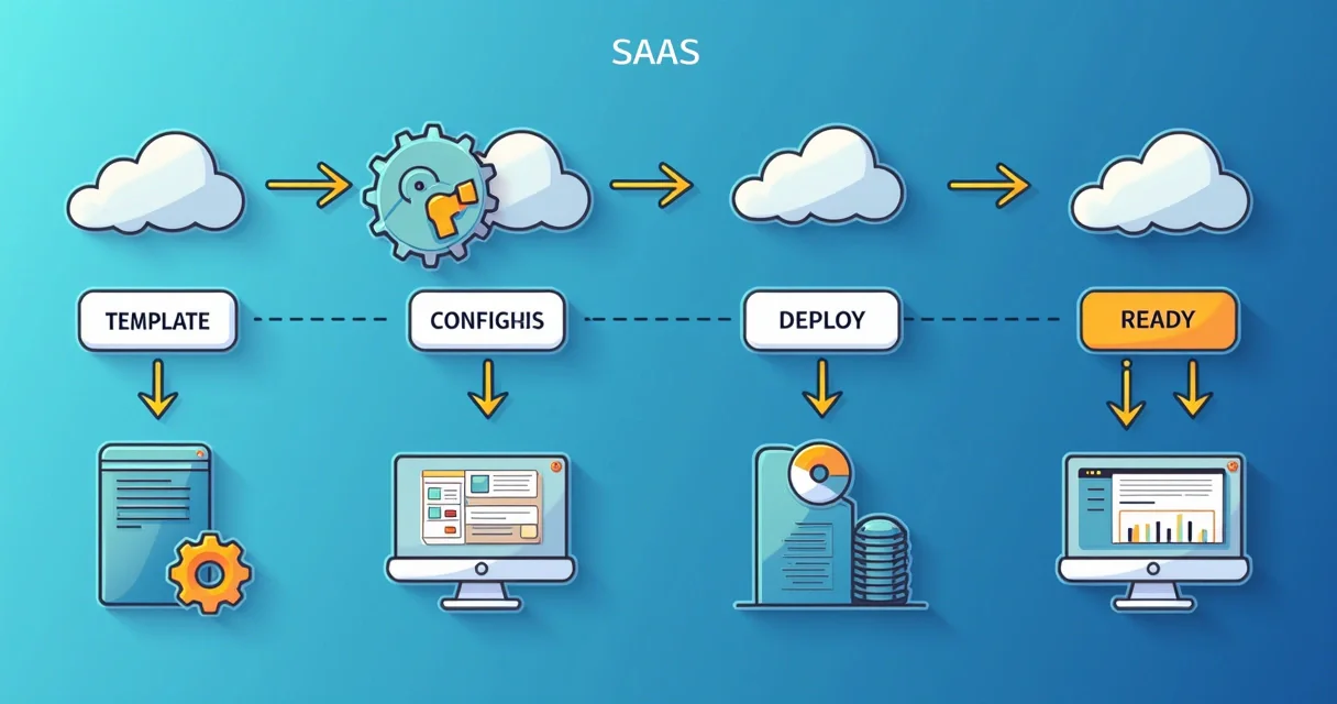 Esquema do fluxo de instalação de SaaS mostrado com linhas conectando etapas