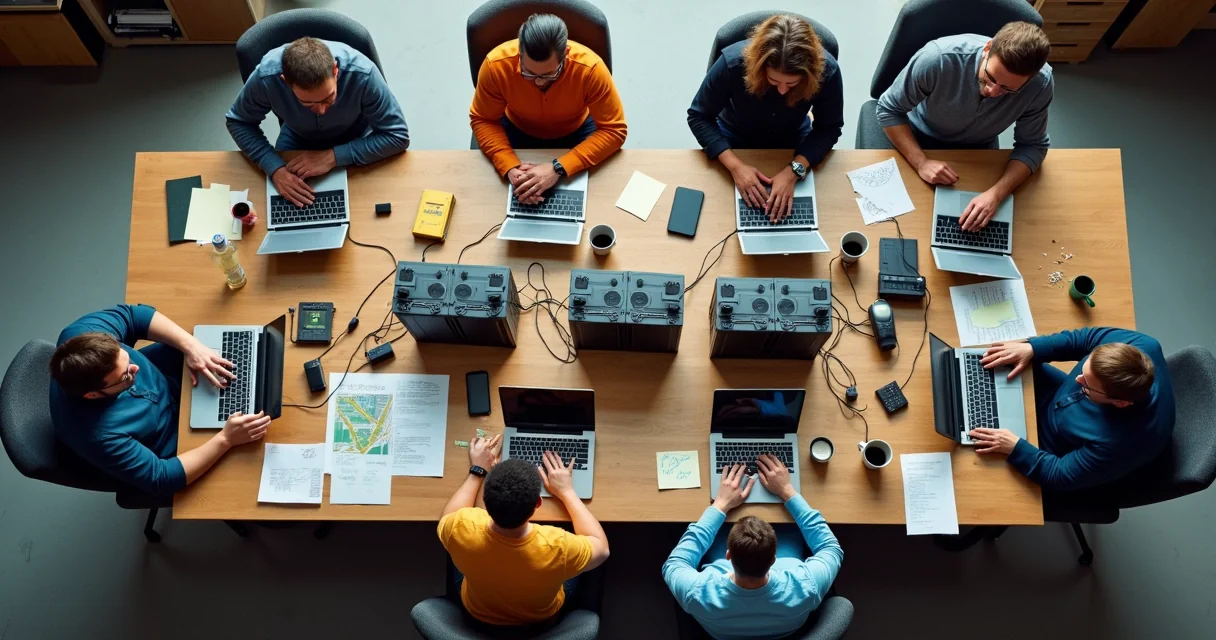 Mesa com diversos servidores em miniatura e equipe de desenvolvimento reunida ao redor