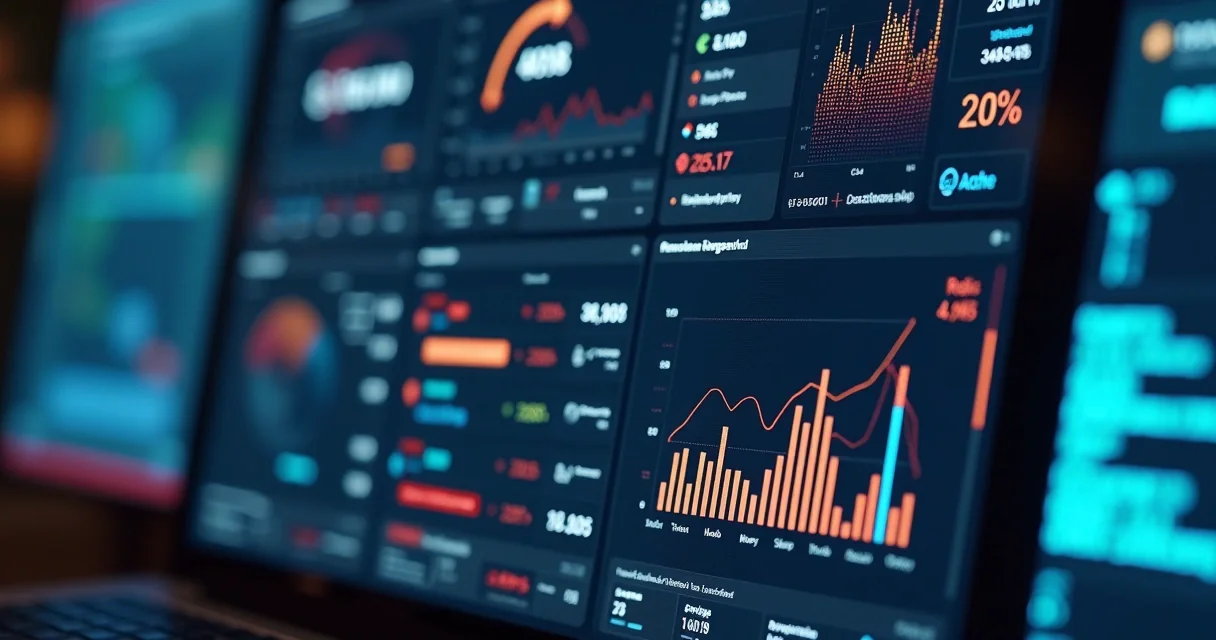 Dashboard colorido SaaS com gráficos exibindo estatísticas em tempo real