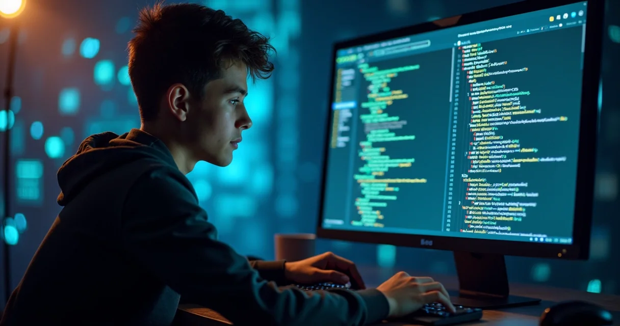 Pessoa em frente ao computador com códigos complexos na tela