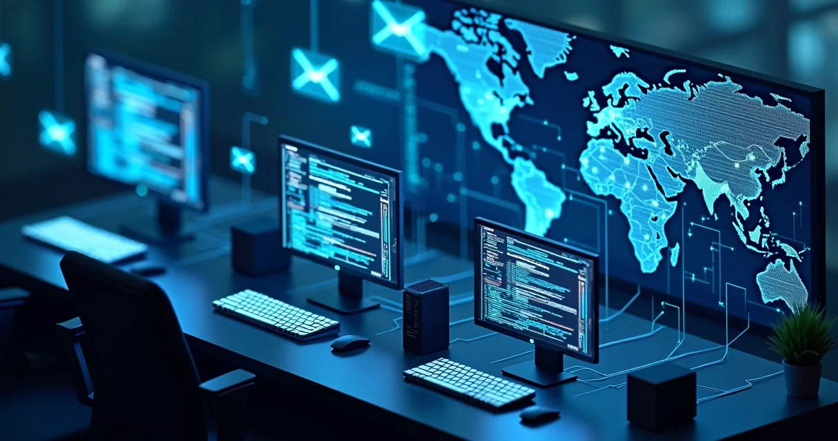 Computadores conectados trocando emails em ambiente digital