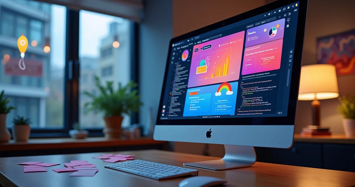 Tela de computador com template Lovable aberto e gráficos ao fundo