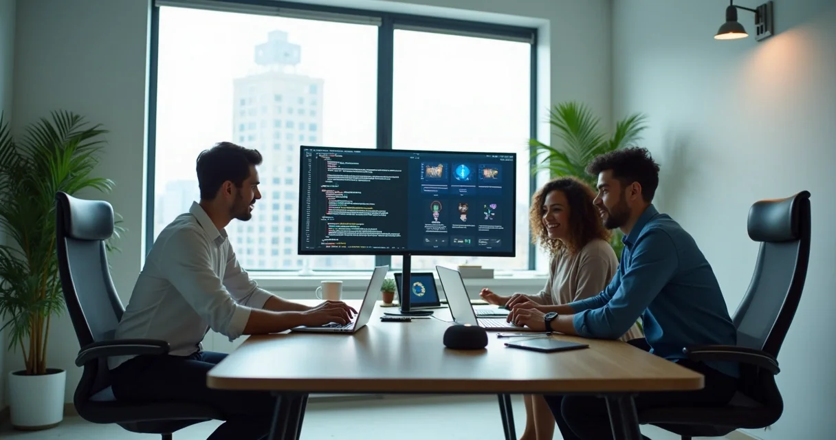 Uma equipe pequena de tecnologia colaborando em um escritório moderno