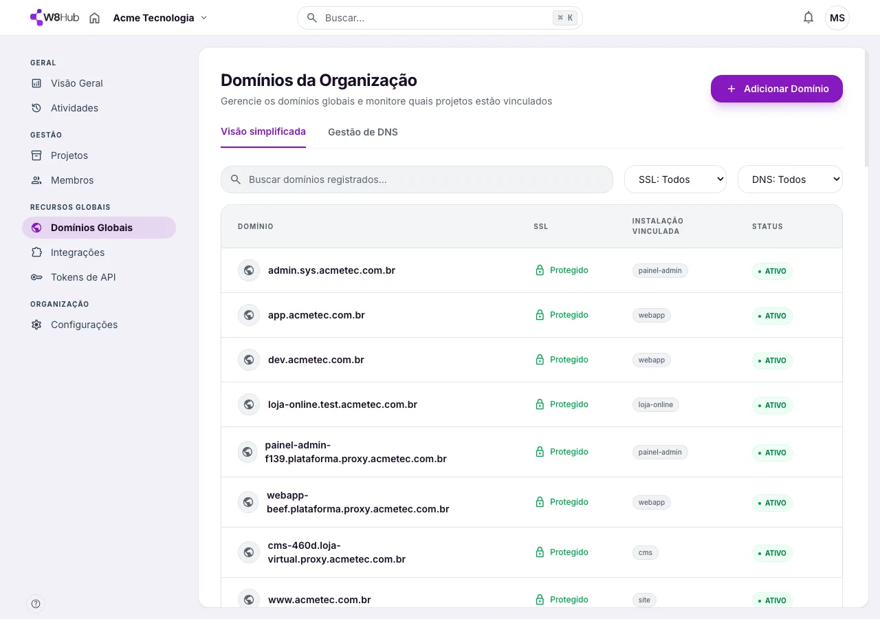 Domínios da organização: lista de domínios com status de SSL, instalação vinculada e estado do DNS.
