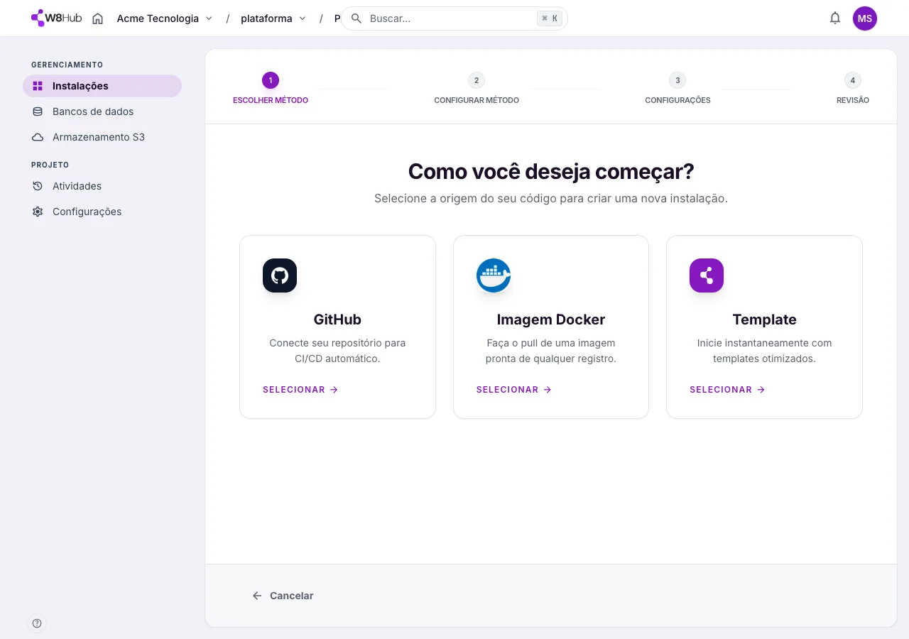 Passo Escolher método no assistente da W8 Hub: cards de GitHub, Imagem Docker e Template.