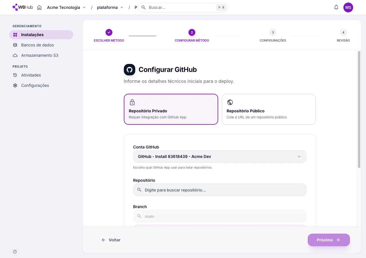 Configuração do GitHub na W8 Hub: conta do GitHub App conectada, com seleção de repositório (privado ou público) e branch.