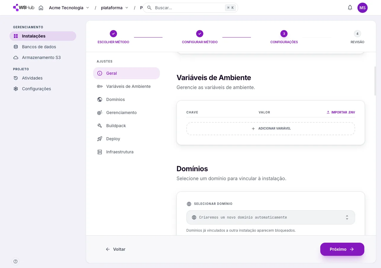 Seção Variáveis de Ambiente das Configurações de uma instalação na W8 Hub: adicionar variáveis uma a uma ou importar um arquivo .env em lote.