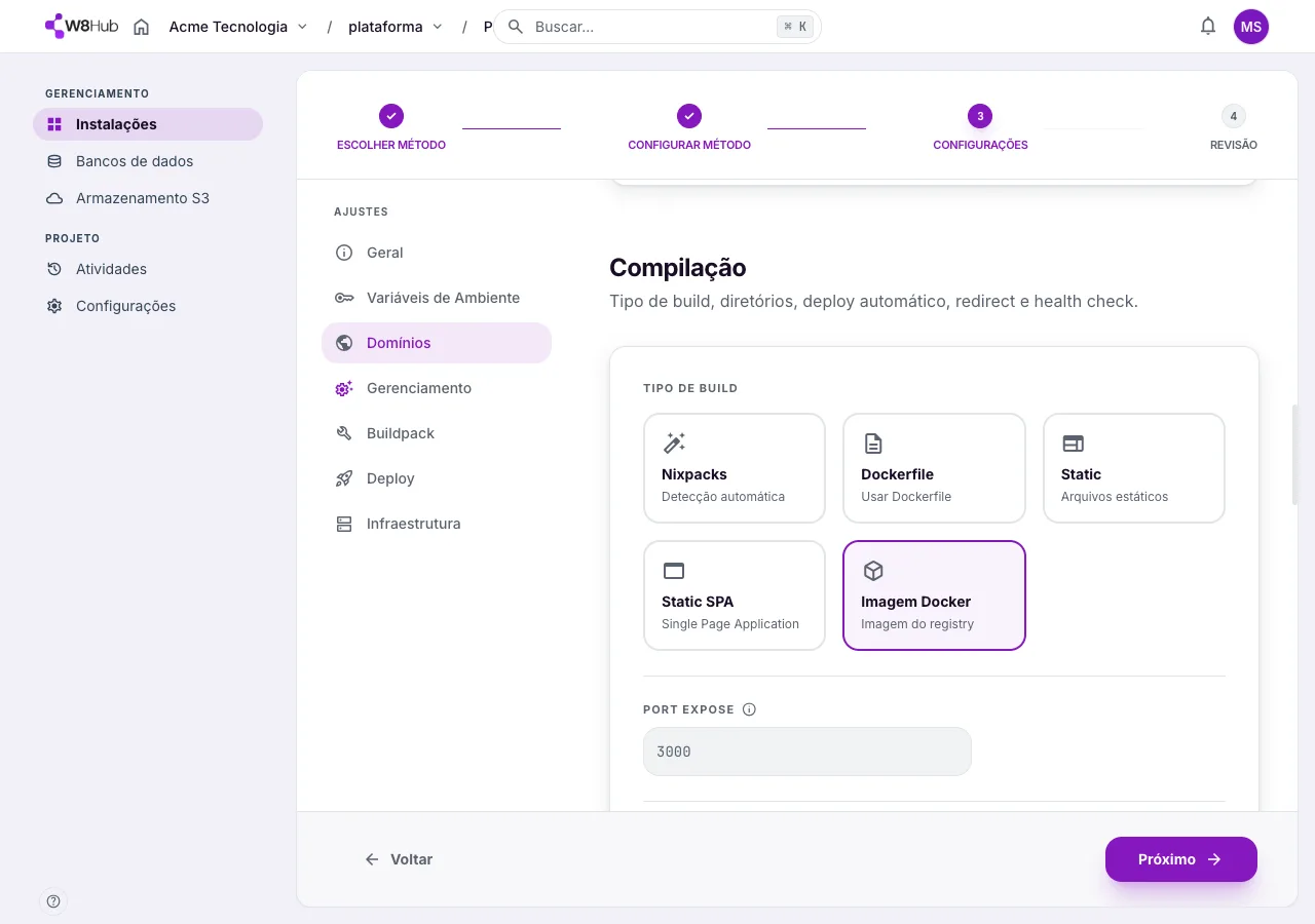 Aba Compilação das Configurações na W8 Hub: tipo de build (Nixpacks, Dockerfile, Static, Static SPA, Imagem Docker) e Port Expose.
