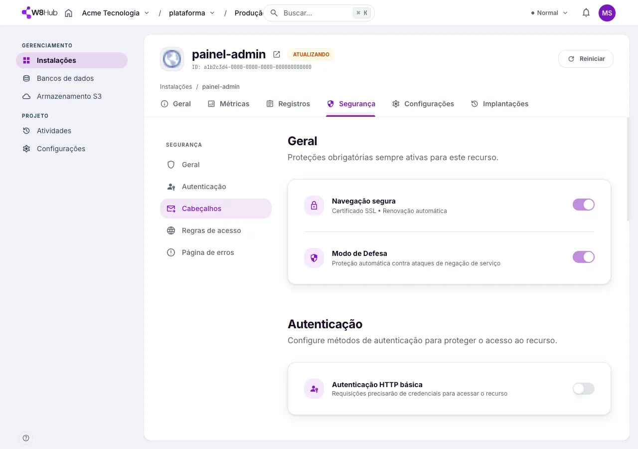 Aba Segurança de uma instalação na W8 Hub, seção Geral: Navegação segura (certificado SSL) e Modo de Defesa contra DDoS, ambos ativos.