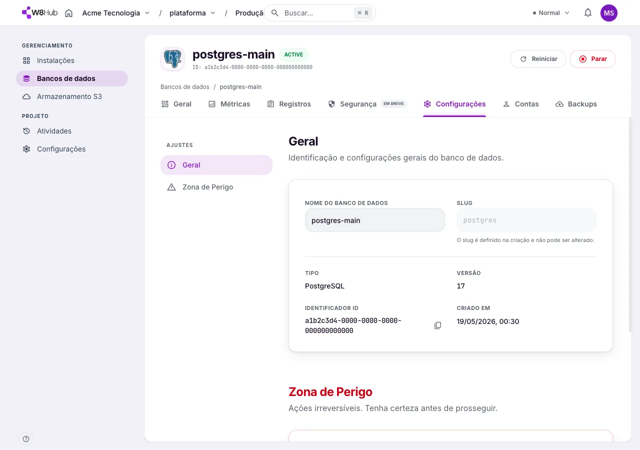 Aba Configurações de um banco de dados na W8 Hub: nome, slug, tipo, política de acesso, data de criação e Zona de Perigo com a ação de excluir.