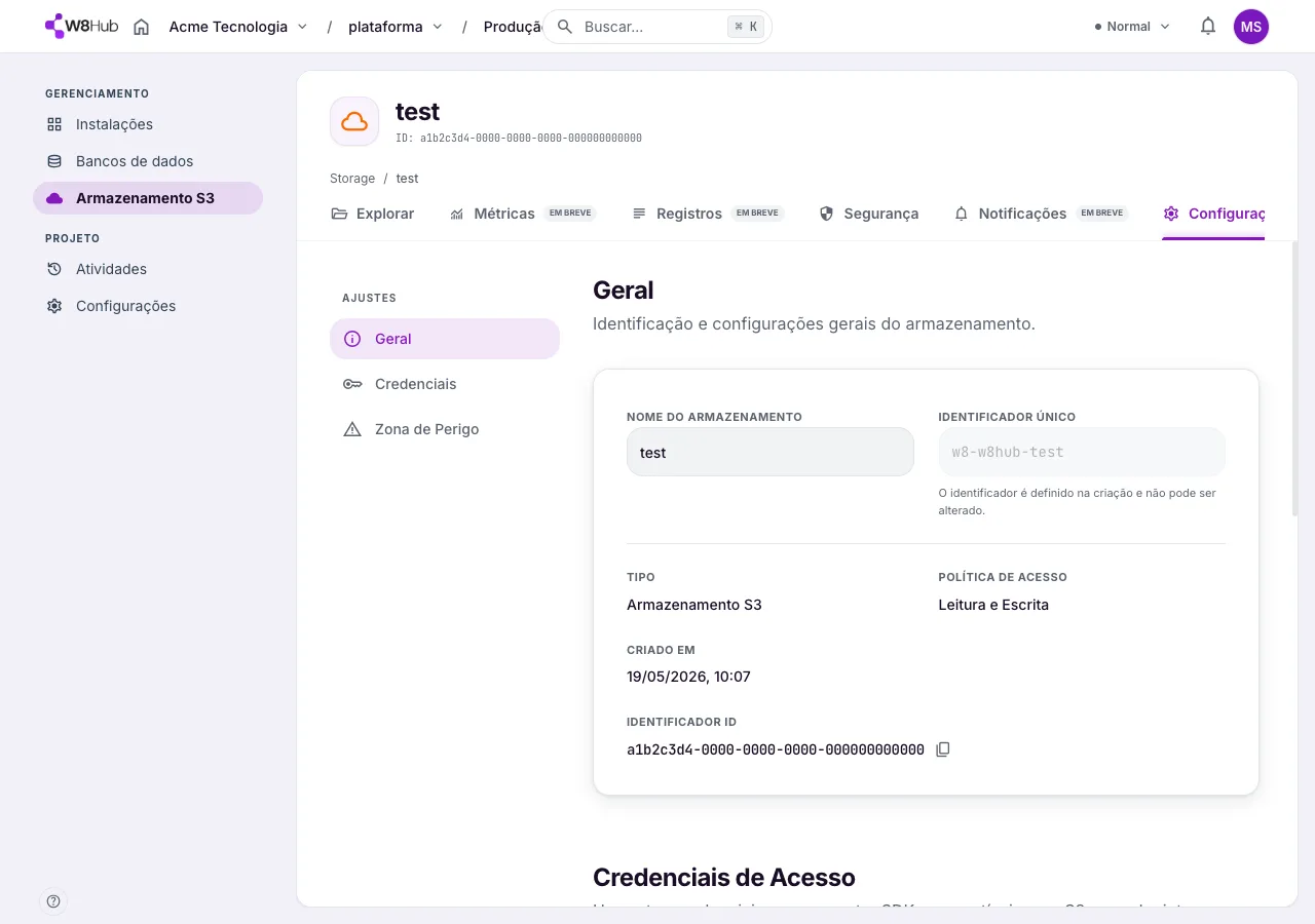 Aba Configurações de um bucket S3 na W8 Hub: identificação do bucket e credenciais de acesso compatíveis com S3 (endpoint, access key e secret key).